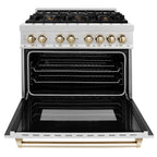 ZLINE Autograph 36 in. 4.6 cu. ft. Legacy Dual Fuel Range with 6 Gas Burners and Electric Convection Oven in Satin Stainless Steel with Polished Gold Accents (RASZ-SN-36-G)