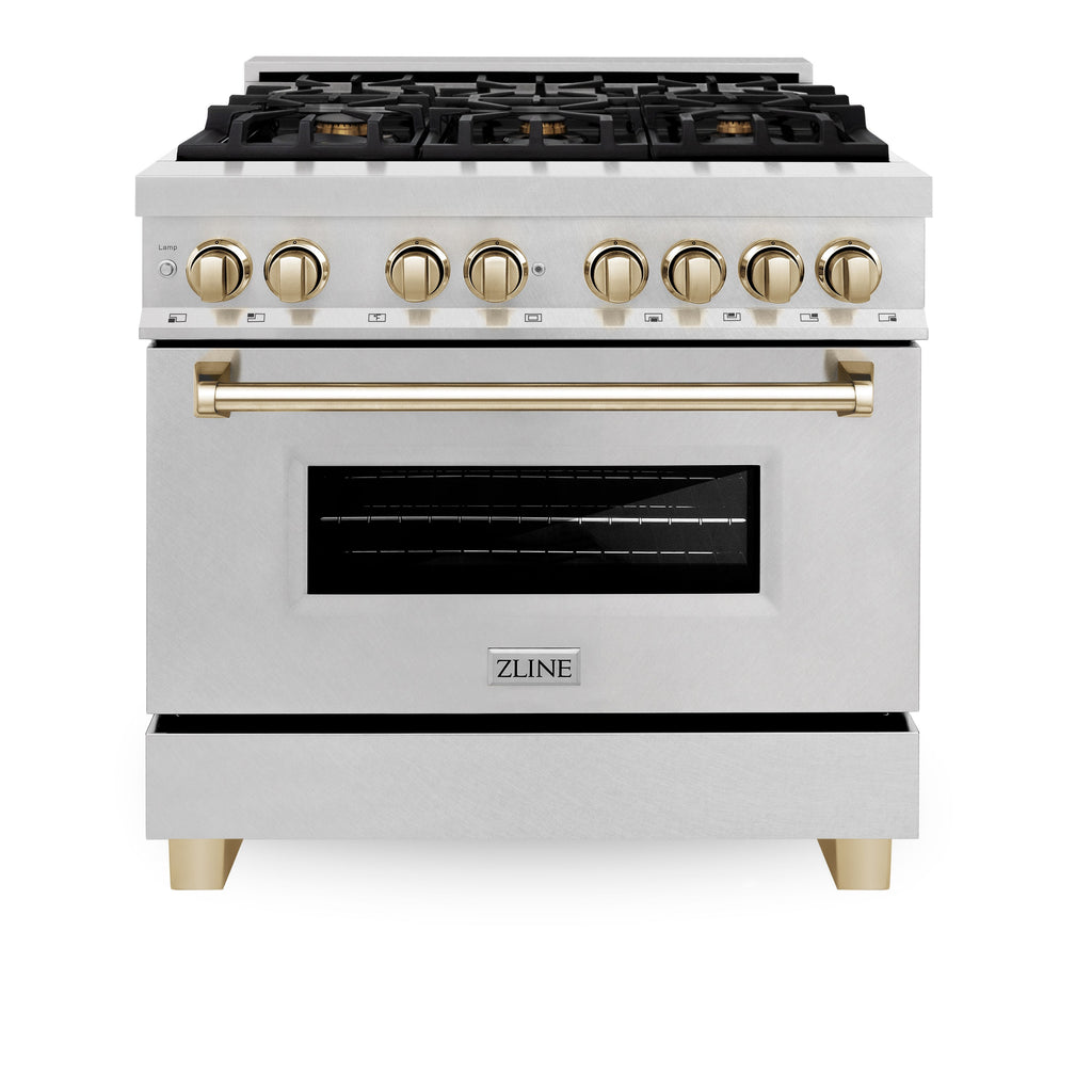 ZLINE Autograph 36 in. 4.6 cu. ft. Legacy Dual Fuel Range with 6 Gas Burners and Electric Convection Oven in Satin Stainless Steel with Polished Gold Accents (RASZ-SN-36-G)