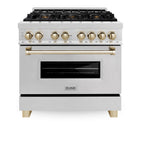 ZLINE Autograph 36 in. 4.6 cu. ft. Legacy Dual Fuel Range with 6 Gas Burners and Electric Convection Oven in Satin Stainless Steel with Polished Gold Accents (RASZ-SN-36-G)