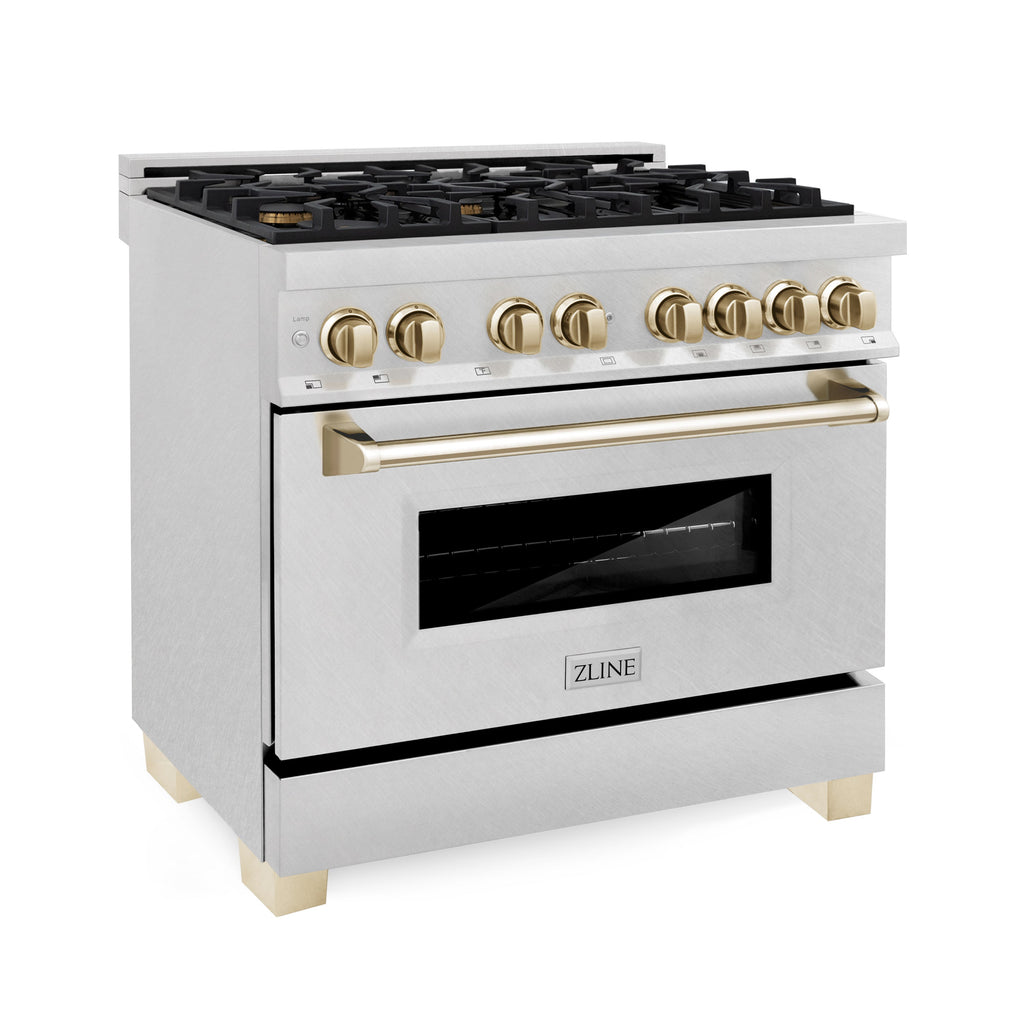 ZLINE Autograph 36 in. 4.6 cu. ft. Legacy Dual Fuel Range with 6 Gas Burners and Electric Convection Oven in Satin Stainless Steel with Polished Gold Accents (RASZ-SN-36-G)