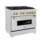 ZLINE Autograph 36 in. 4.6 cu. ft. Legacy Dual Fuel Range with 6 Gas Burners and Electric Convection Oven in Satin Stainless Steel with Polished Gold Accents (RASZ-SN-36-G)