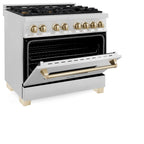 ZLINE Autograph 36 in. 4.6 cu. ft. Legacy Dual Fuel Range with 6 Gas Burners and Electric Convection Oven in Satin Stainless Steel with Polished Gold Accents (RASZ-SN-36-G)