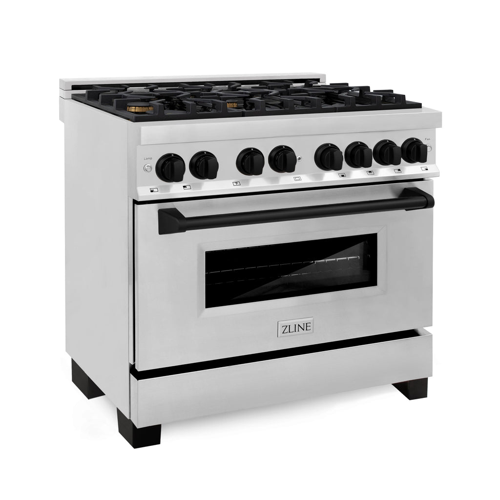 ZLINE Autograph Edition 36 in. 4.6 cu. ft. Dual Fuel Range with Gas Cooktop and Electric Convection Oven in Stainless Steel with Black Matte Accents (RAZ-36-MB)