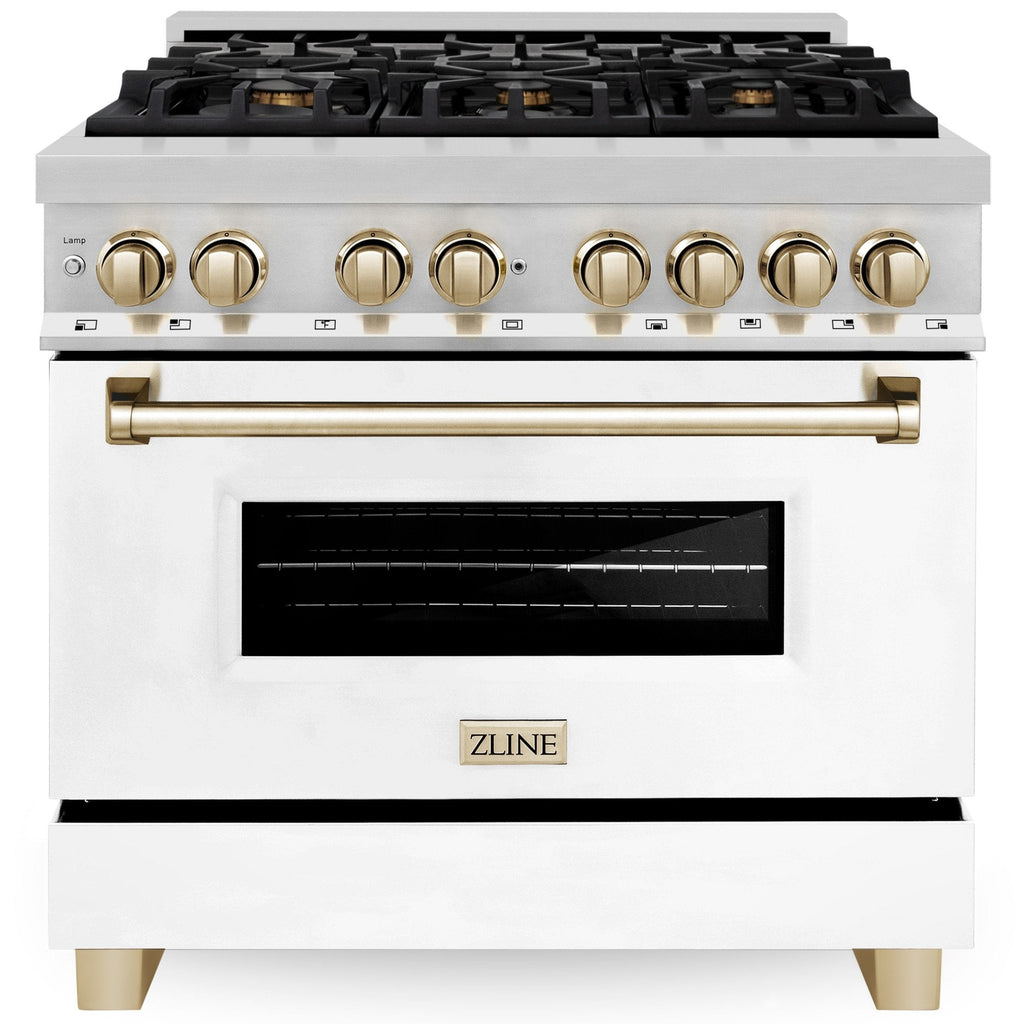 ZLINE Autograph 36 in. 4.6 cu. ft. Dual Fuel Range with White Matte Door and Gold Accents (RAZ-WM-36-G)