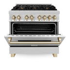 ZLINE Autograph Edition 36-inch Dual Fuel Range, 4.6 cu ft Oven, Stainless Steel with Gold Accents (Model RAZ-36-G)