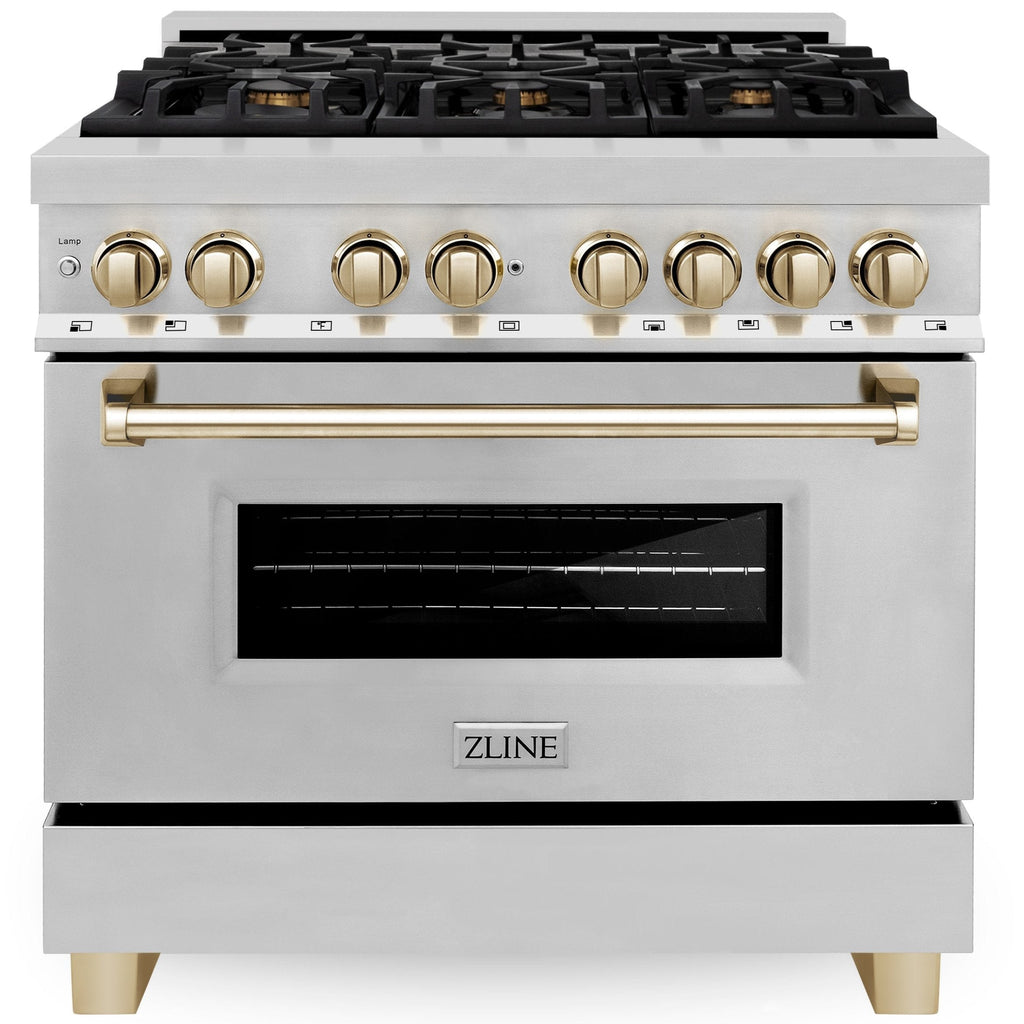 ZLINE Autograph Edition 36-inch Dual Fuel Range, 4.6 cu ft Oven, Stainless Steel with Gold Accents (Model RAZ-36-G)
