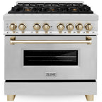 ZLINE Autograph Edition 36-inch Dual Fuel Range, 4.6 cu ft Oven, Stainless Steel with Gold Accents (Model RAZ-36-G)