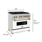 ZLINE Autograph Edition 36 in. 4.6 cu. ft. Dual Fuel Range with Gas Cooktop and Electric Convection Oven, White Matte Door with Champagne Bronze Accents (RAZ-WM-36-CB)