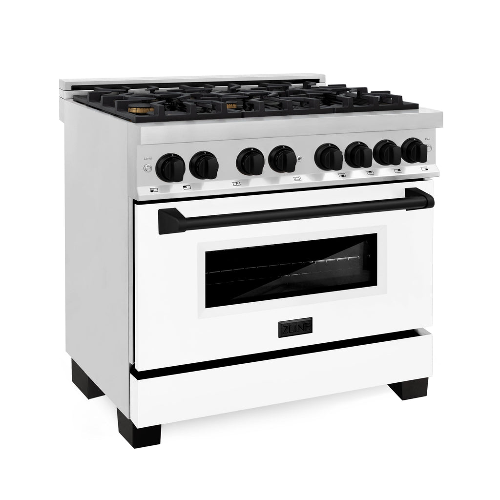 ZLINE Autograph 36 in. 4.6 cu. ft. Dual Fuel Range in Stainless Steel with White Matte Door and Matte Black Accents (RAZ-WM-36-MB)