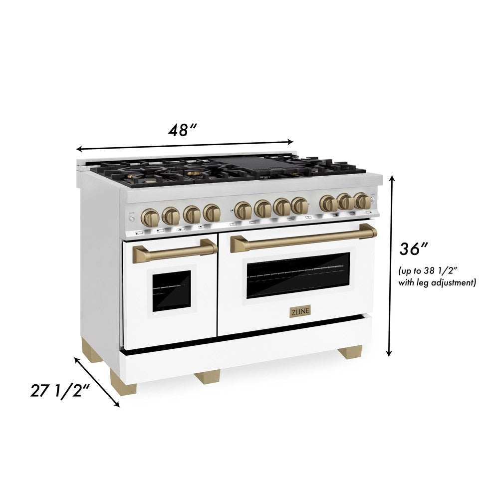ZLINE Autograph Edition 48-Inch Dual Fuel Range, 6.0 cu. ft. Oven Capacity, White Matte Finish with Bronze Accents (Model RAZ-WM-48-CB)