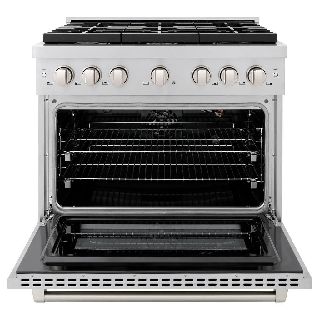ZLINE Appliance Package - 36" Gas Range, Range Hood, 36" Refrigerator with Water/Ice Dispenser, 24" Microwave Drawer and Dishwasher in Stainless Steel