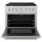 ZLINE Appliance Package - 36" Gas Range, Range Hood, 36" Refrigerator with Water/Ice Dispenser, 24" Microwave Drawer and Dishwasher in Stainless Steel