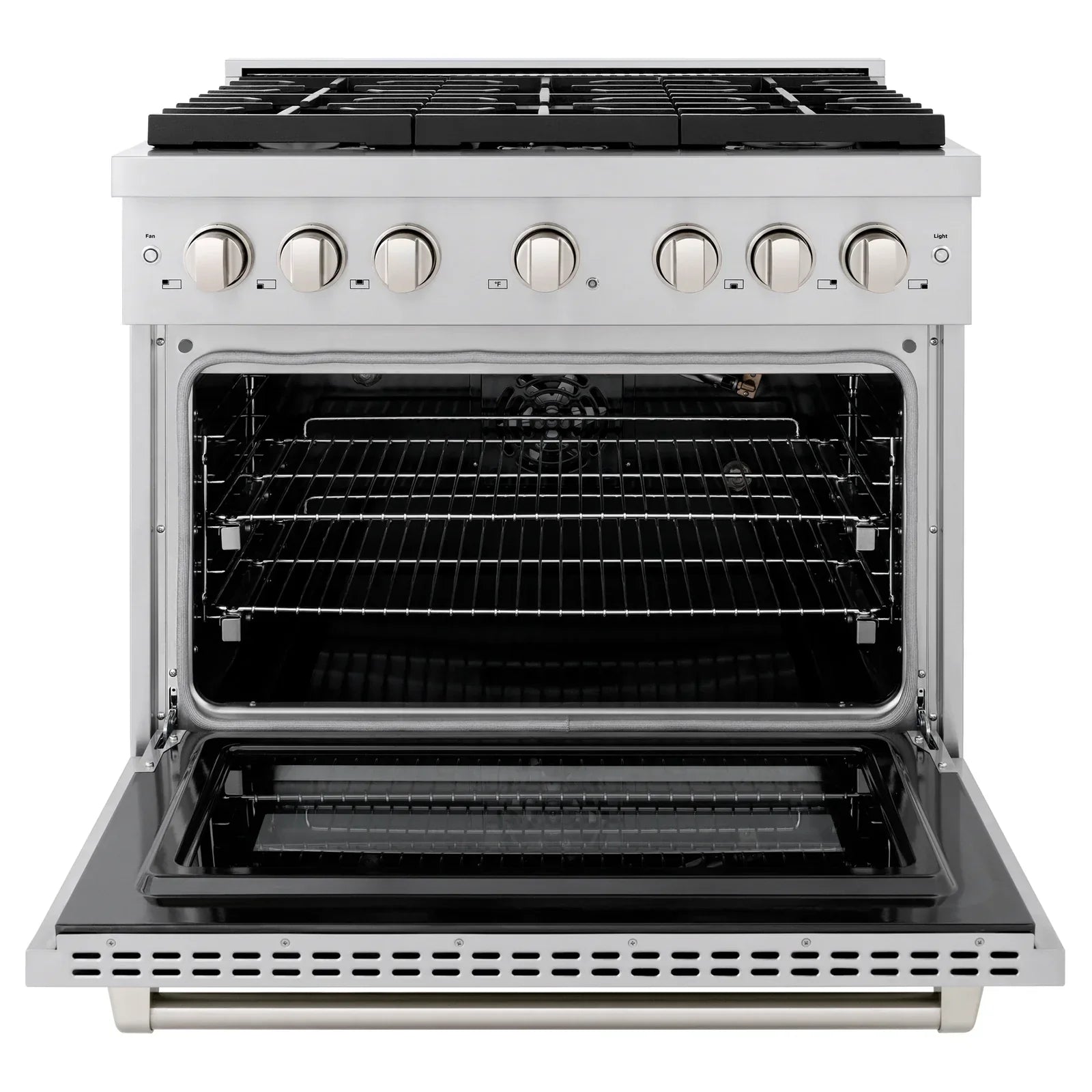 ZLINE Appliance Package - 36" Gas Range, Range Hood, 36" Refrigerator with Water/Ice Dispenser, 24" Microwave Drawer and Dishwasher in Stainless Steel