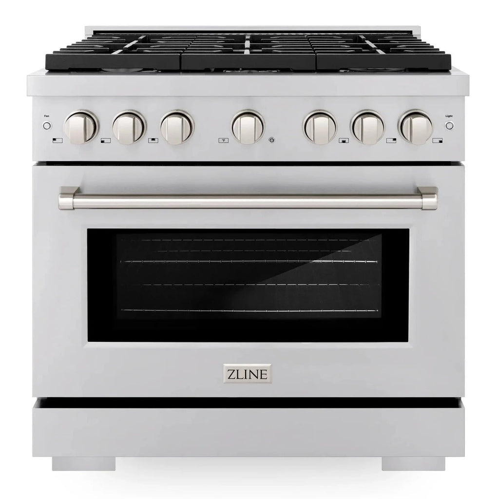 ZLINE Appliance Package - 36" Gas Range, Range Hood, Refrigerator with Water and Ice Dispenser, Microwave Drawer, Dishwasher and Beverage Fridge