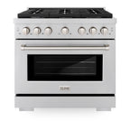 ZLINE Appliance Package - 36" Gas Range, Range Hood, Refrigerator with Water and Ice Dispenser, and Dishwasher in Stainless Steel