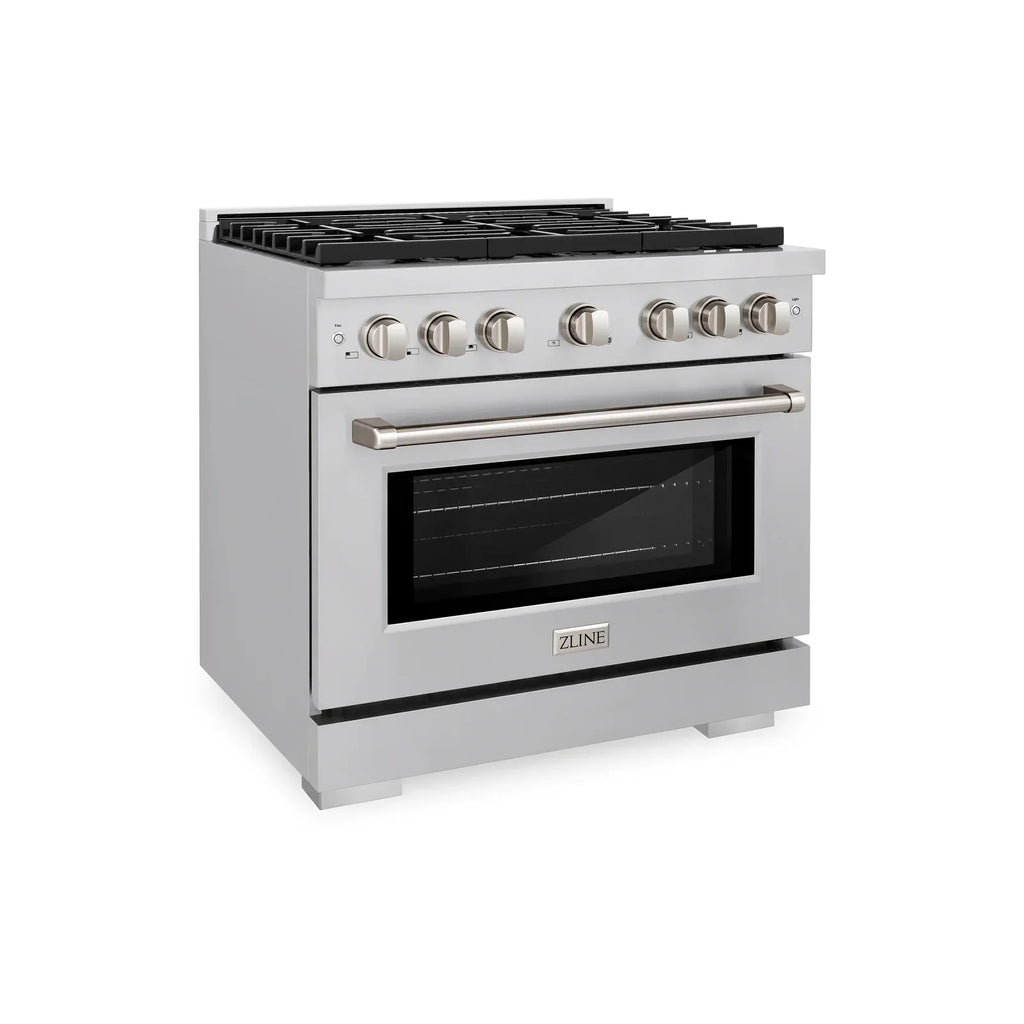 ZLINE Appliance Package - 36" Gas Range, Range Hood, 36" Refrigerator with Water/Ice Dispenser, 24" Microwave Drawer and Dishwasher in Stainless Steel