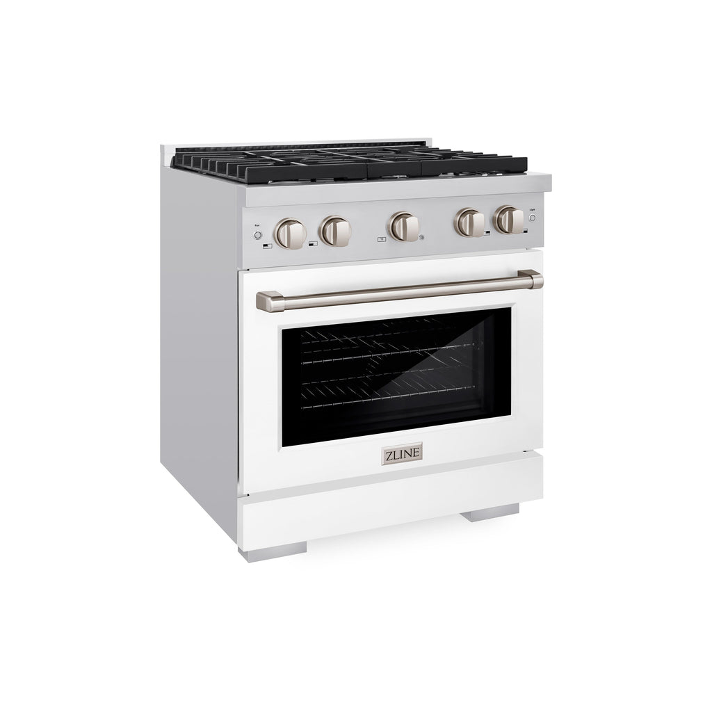 ZLINE Paramount 30 in. Dual Fuel Range, 4 Burners, 4.2 cu. ft. Electric Convection Oven, Stainless Steel with White Matte Door (SDR-WM-30)