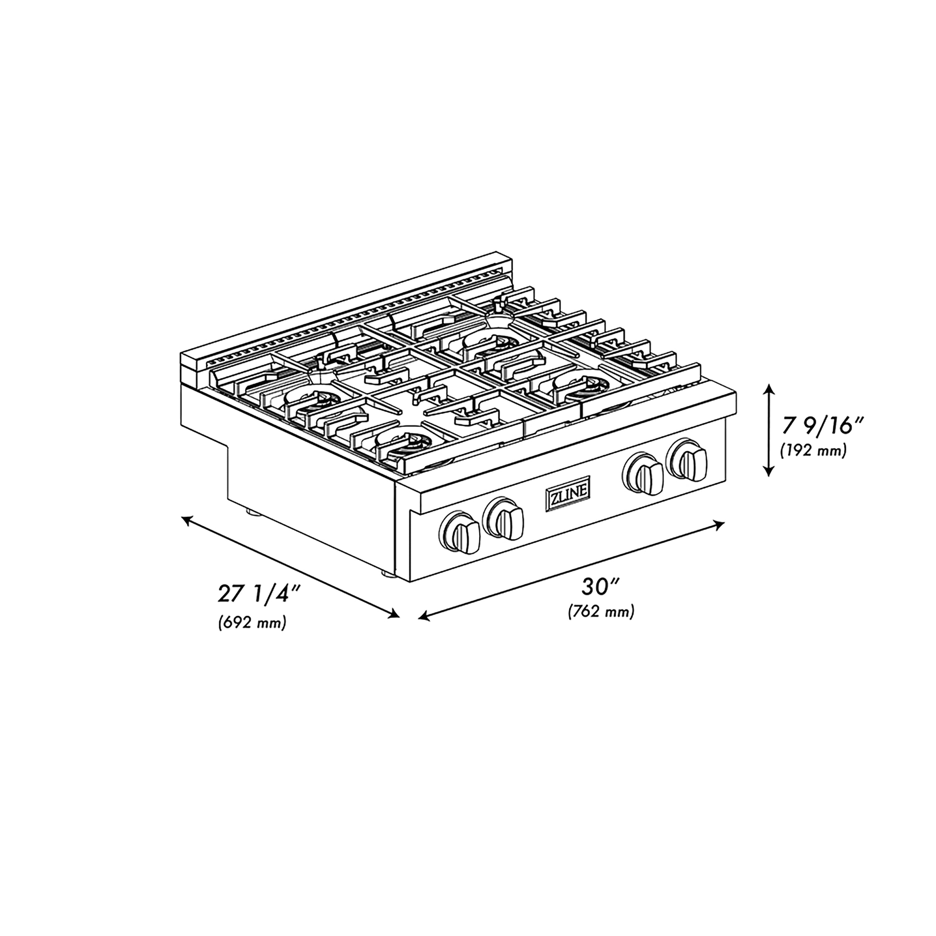 ZLINE Autograph Edition 30" Paramount Gas Rangetop with 4 Burner DuoPro™ Cooktop in Stainless Steel and Polished Gold Accents, PSRTZ-30-G