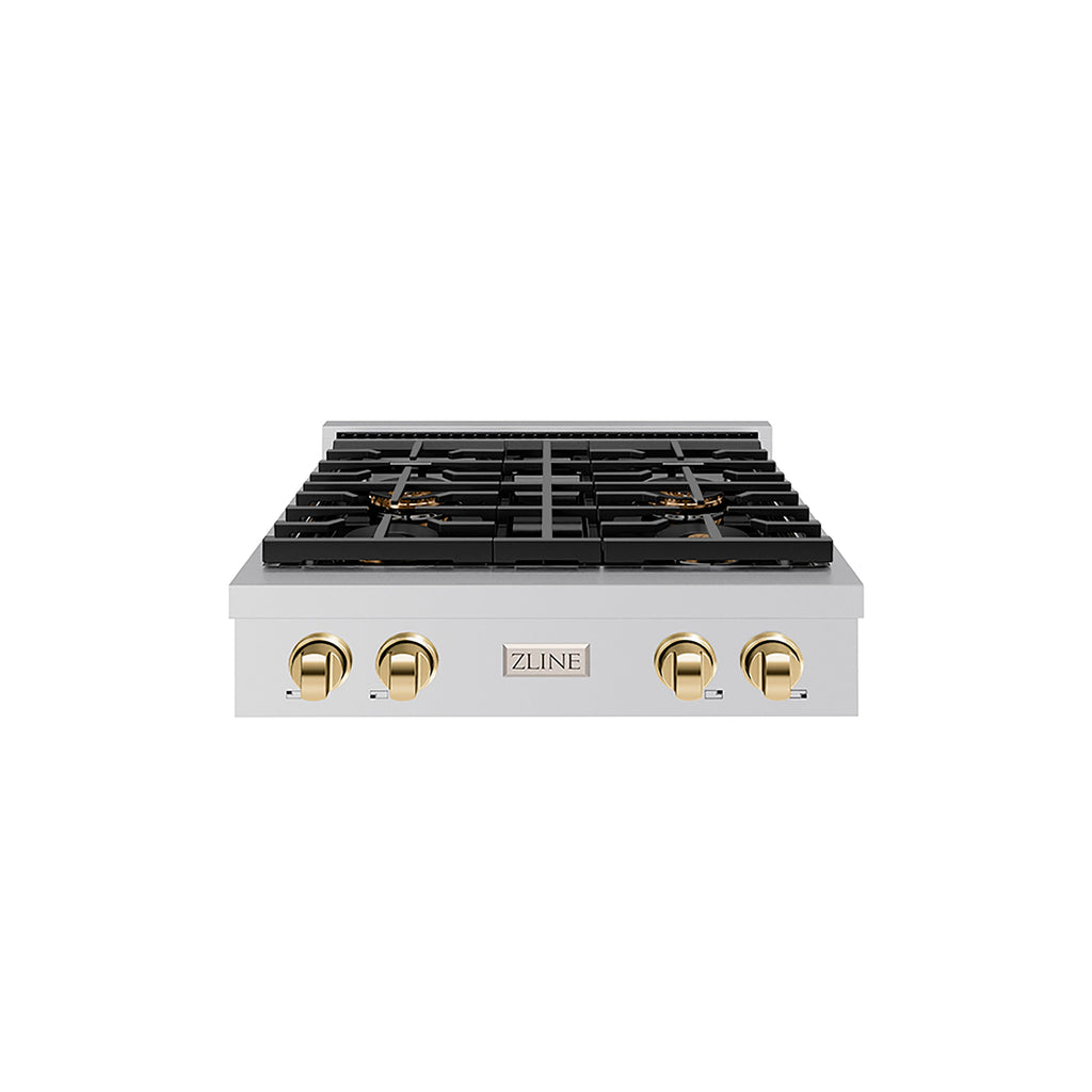 ZLINE Autograph Edition 30" Paramount Gas Rangetop with 4 Burner DuoPro™ Cooktop in Stainless Steel and Polished Gold Accents, PSRTZ-30-G