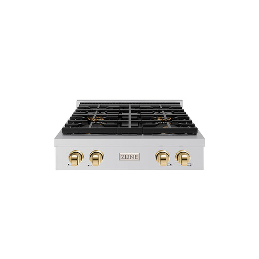 ZLINE Autograph Edition 30" Paramount Gas Rangetop with 4 Burner DuoPro™ Cooktop in Stainless Steel and Polished Gold Accents, PSRTZ-30-G