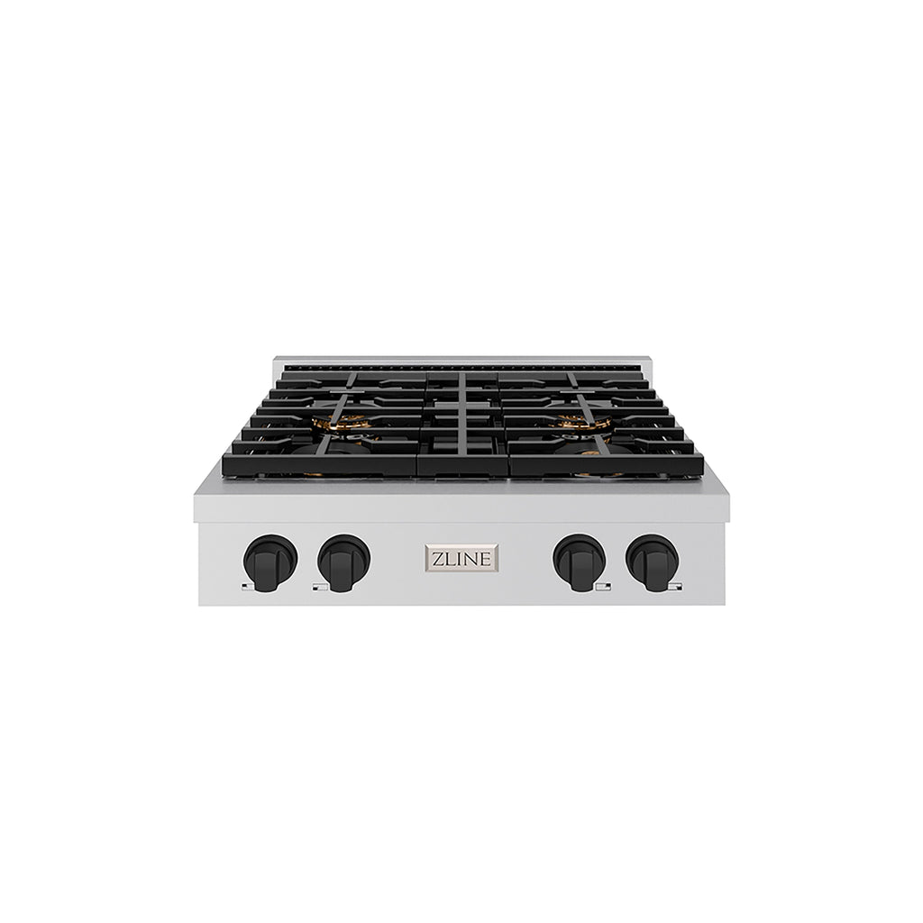 ZLINE Autograph Edition 30" Paramount Gas Rangetop with 4 Burner DuoPro™ Cooktop in Stainless Steel and Matte Black Accents, PSRTZ-30-MB
