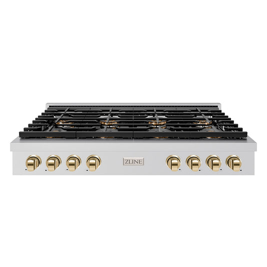 ZLINE Autograph 48" Paramount Gas Rangetop with 8 Burner DuoPro™ Cooktop in Stainless Steel and Polished Gold Accents, PSRTZ-48-G