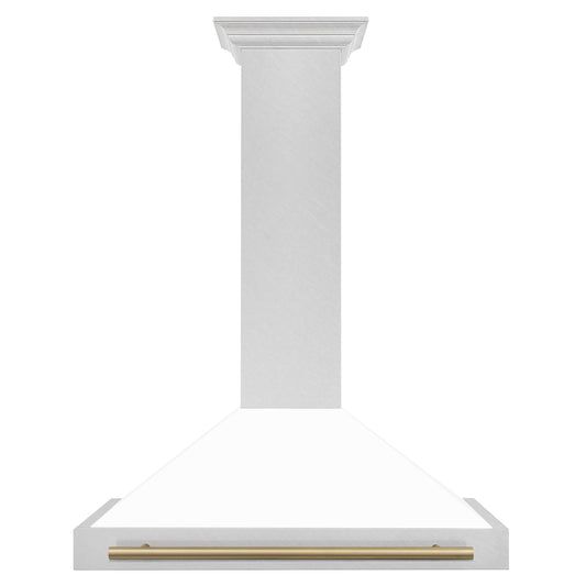 ZLINE 36 in. Wall Mount Range Hood Convertible Satin Stainless Steel White Matte Shell Champagne Bronze Handle (KB4SNZ-WM36-CB)