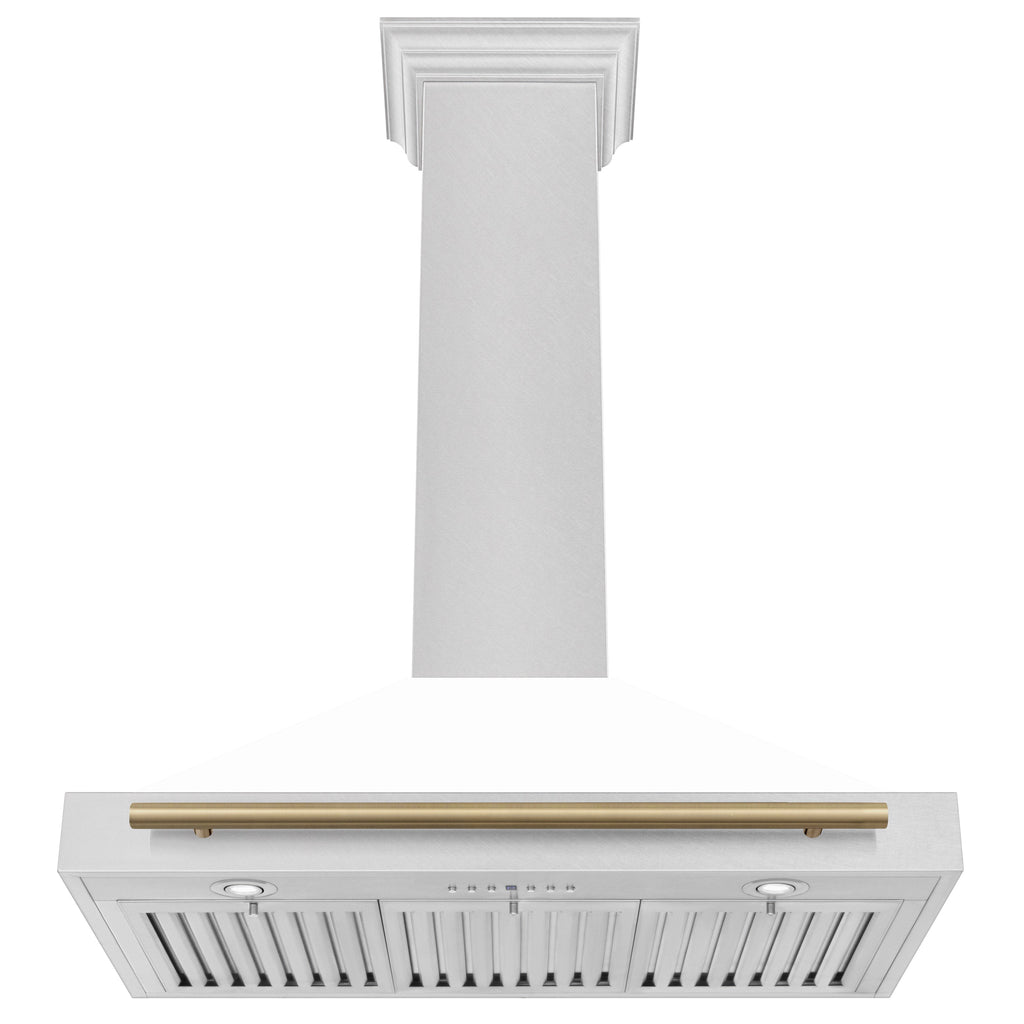 ZLINE 36 in. Wall Mount Range Hood Convertible Satin Stainless Steel White Matte Shell Champagne Bronze Handle (KB4SNZ-WM36-CB)