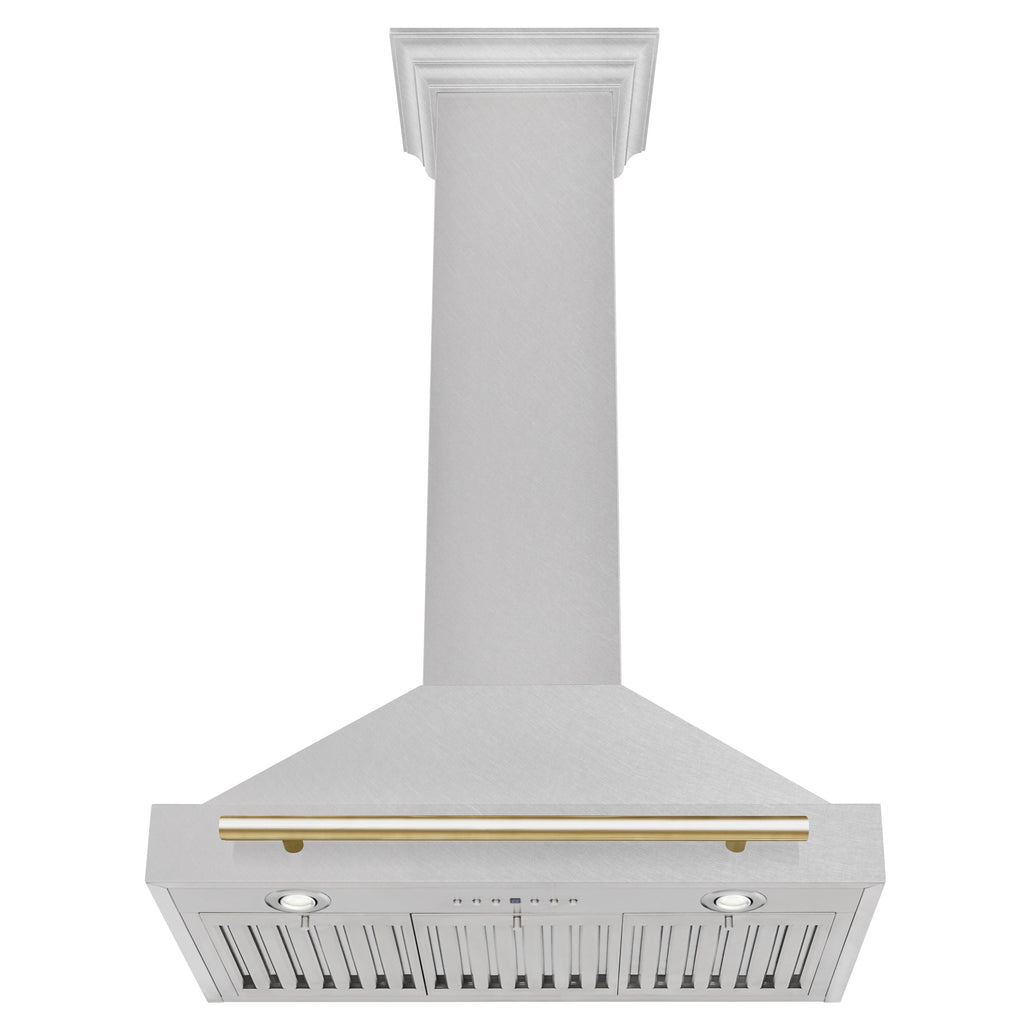 ZLINE 30 Inch Wall Mount Range Hood Convertible Satin Stainless Steel with Polished Gold Handle (KB4SNZ-30-G)