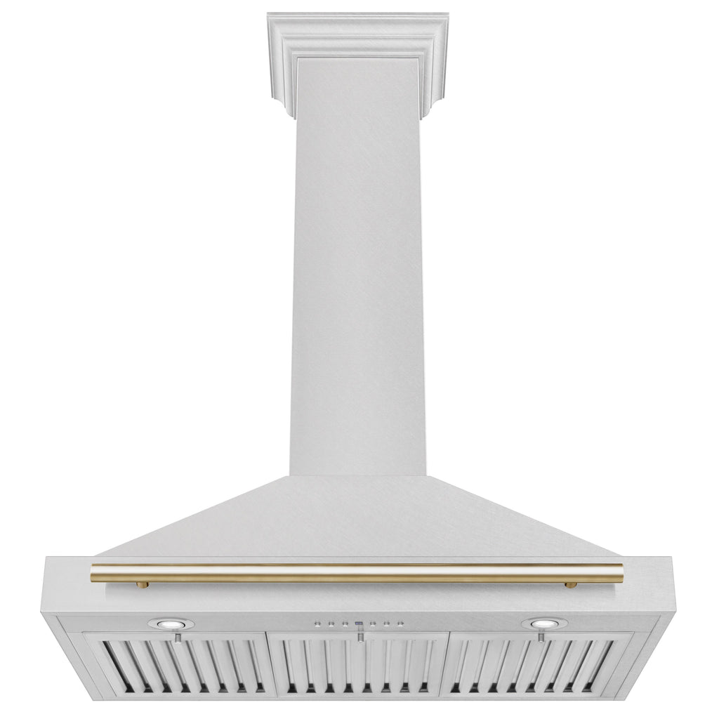 ZLINE 36 in. Wall Mount Range Hood Convertible Satin Stainless Steel Polished Gold Handle 400 CFM (KB4SNZ-36-G)
