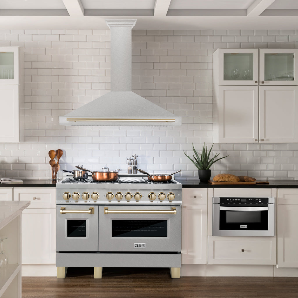 ZLINE 48 in. Wall Mount Range Hood Convertible Satin Stainless Steel Polished Gold Handle (KB4SNZ-48-G)