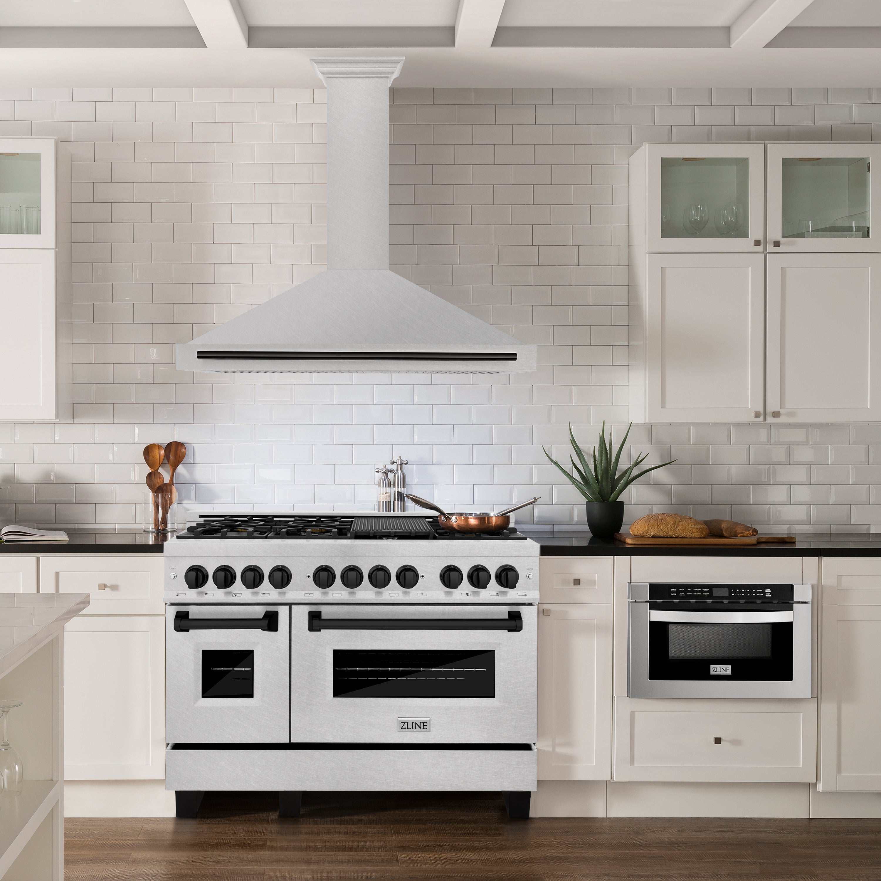 ZLINE 48 in. Wall Mount Range Hood Convertible 400 CFM Satin Stainless Steel Matte Black Handle (KB4SNZ-48-MB)