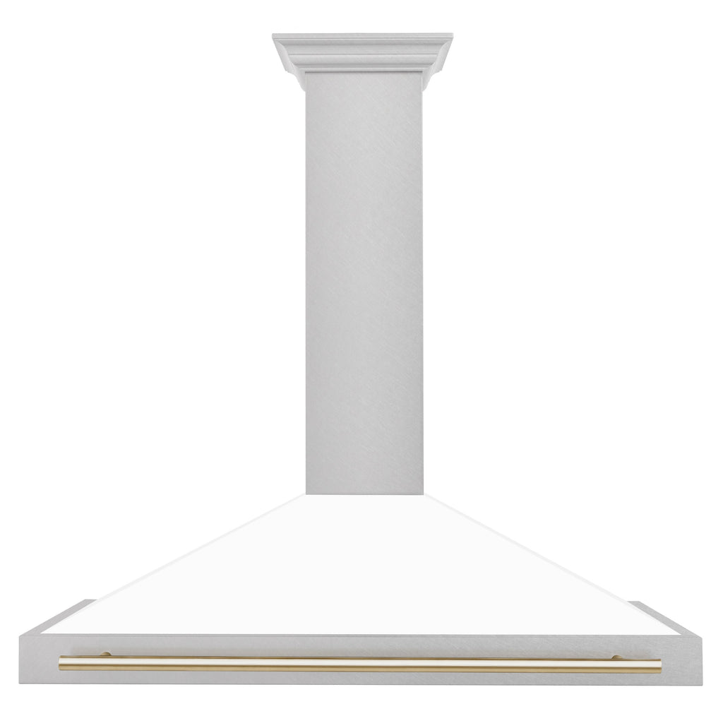 ZLINE 48 in. Wall Mount Range Hood Convertible Satin Stainless Steel White Matte Shell Polished Gold Handle KB4SNZ-WM48-G