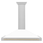 ZLINE 48 in. Wall Mount Range Hood Convertible Satin Stainless Steel White Matte Shell Polished Gold Handle KB4SNZ-WM48-G