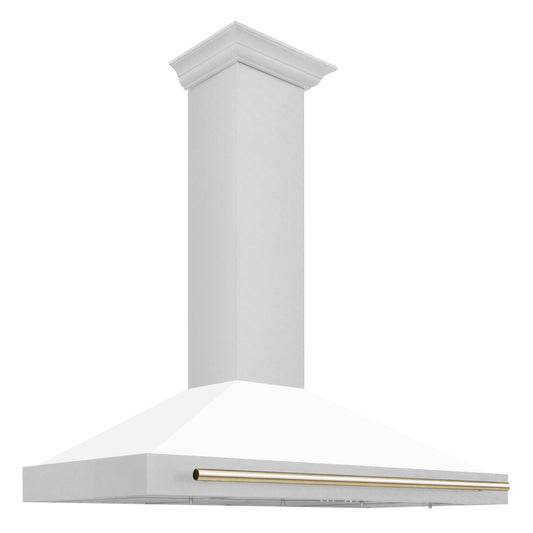 ZLINE 48 in. Wall Mount Range Hood Convertible Satin Stainless Steel White Matte Shell Polished Gold Handle KB4SNZ-WM48-G