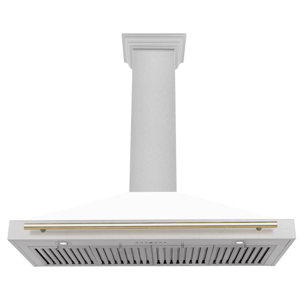 ZLINE 48 in. Wall Mount Range Hood Convertible Satin Stainless Steel White Matte Shell Polished Gold Handle KB4SNZ-WM48-G