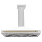 ZLINE 48 in. Wall Mount Range Hood Convertible Satin Stainless Steel White Matte Shell Polished Gold Handle KB4SNZ-WM48-G