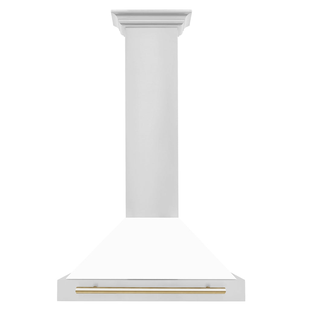 ZLINE 30 Inch Wall Mount Range Hood Stainless Steel White Matte Shell Gold Handle Autograph Edition 400 CFM (KB4STZ-WM30-G)