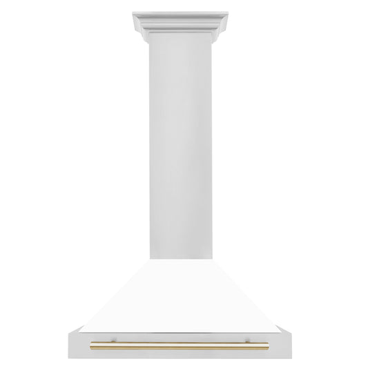 ZLINE 30 Inch Wall Mount Range Hood Stainless Steel White Matte Shell Gold Handle Autograph Edition 400 CFM (KB4STZ-WM30-G)