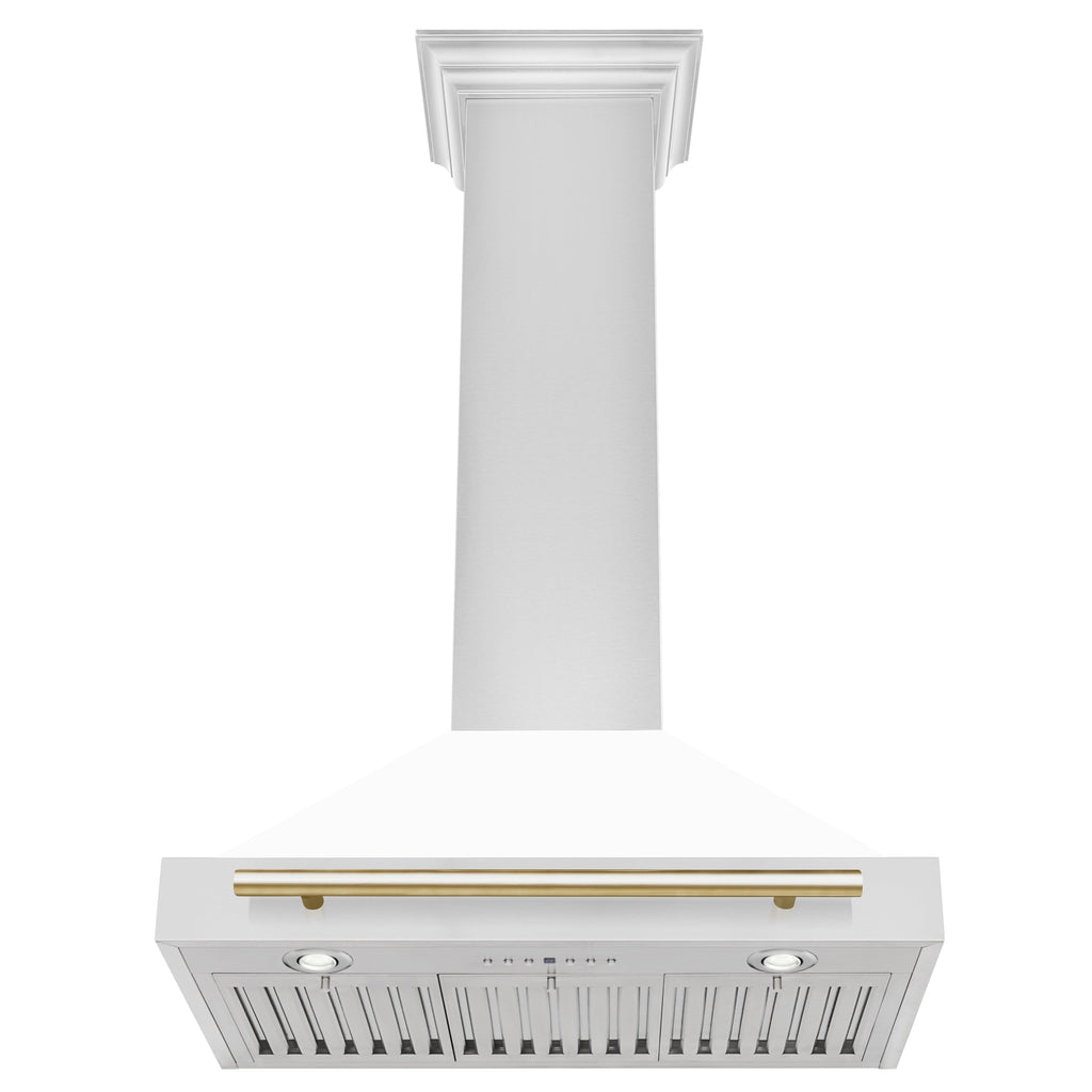 ZLINE 30 Inch Wall Mount Range Hood Stainless Steel White Matte Shell Gold Handle Autograph Edition 400 CFM (KB4STZ-WM30-G)