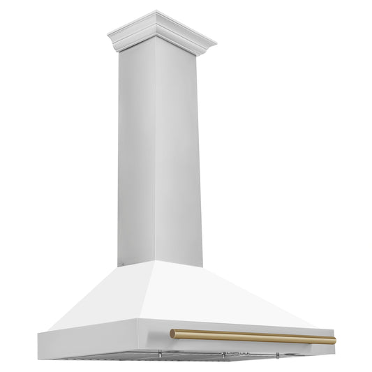 ZLINE 36 Inch Wall Mount Range Hood Stainless Steel White Matte Shell Champagne Bronze Handle Autograph Edition (KB4STZ-WM36-CB)