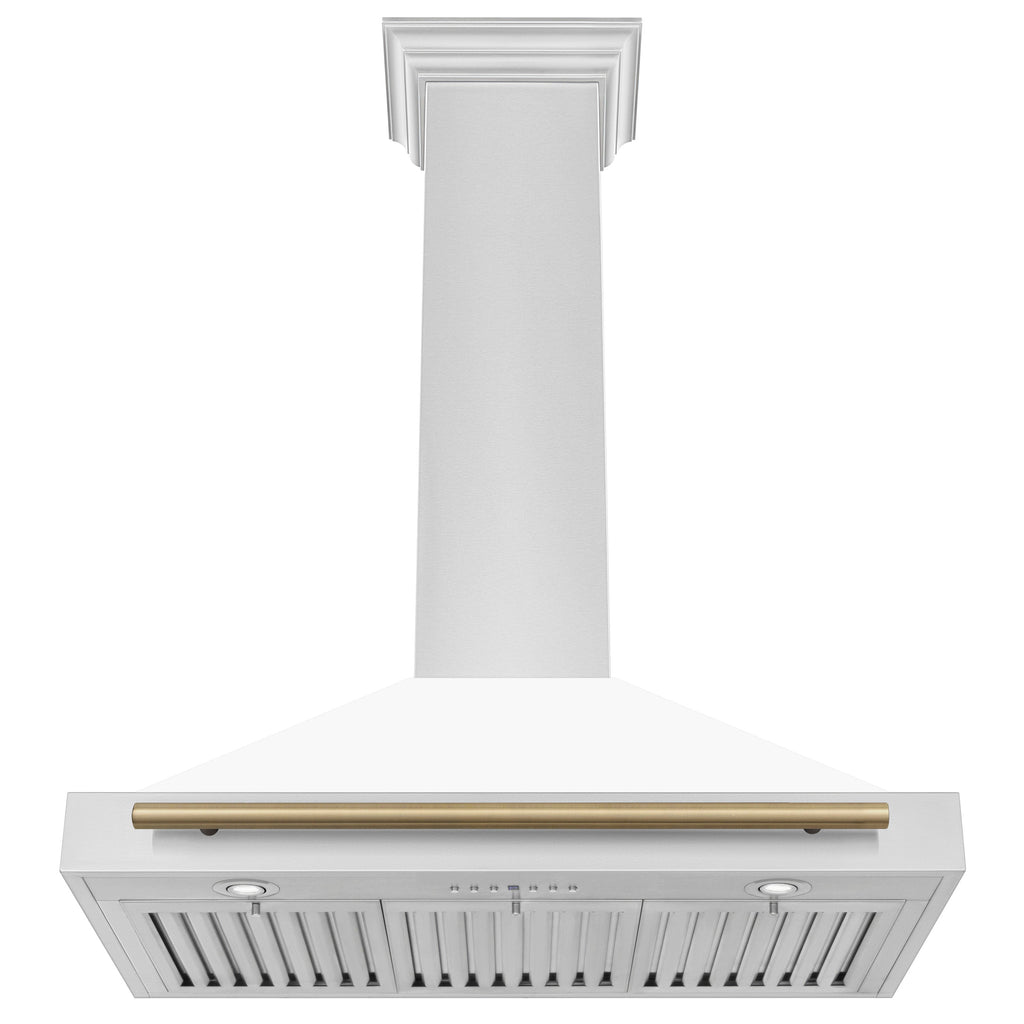 ZLINE 36 Inch Wall Mount Range Hood Stainless Steel White Matte Shell Champagne Bronze Handle Autograph Edition (KB4STZ-WM36-CB)