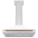 ZLINE 36 Inch Wall Mount Range Hood Stainless Steel White Matte Shell Champagne Bronze Handle Autograph Edition (KB4STZ-WM36-CB)