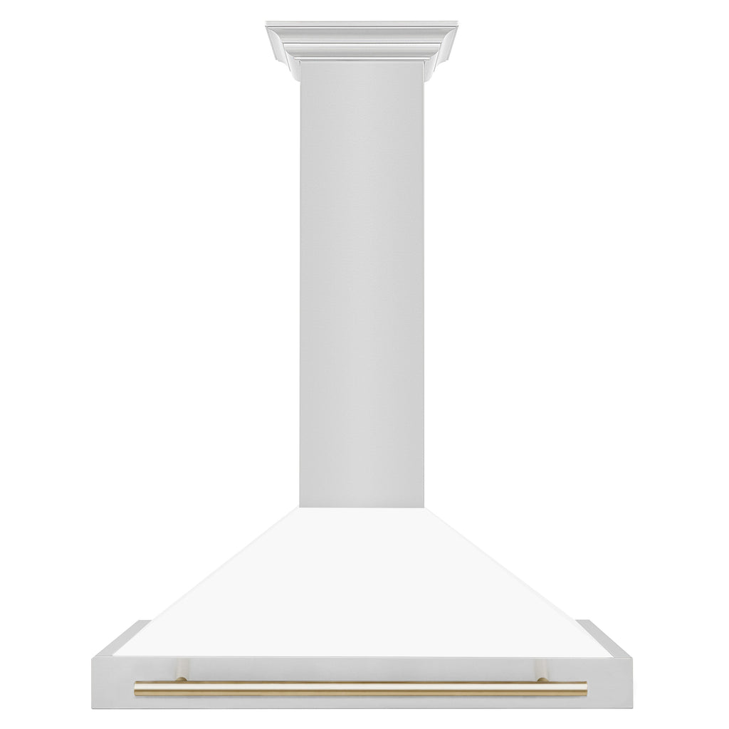 ZLINE 36 Inch Wall Mount Range Hood Stainless Steel Matte White Shell Gold Handle Autograph Edition (KB4STZ-WM36-G)