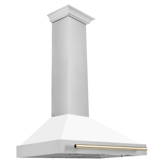 ZLINE 36 Inch Wall Mount Range Hood Stainless Steel Matte White Shell Gold Handle Autograph Edition (KB4STZ-WM36-G)
