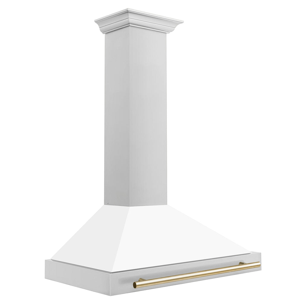 ZLINE 36 Inch Wall Mount Range Hood Stainless Steel Matte White Shell Gold Handle Autograph Edition (KB4STZ-WM36-G)