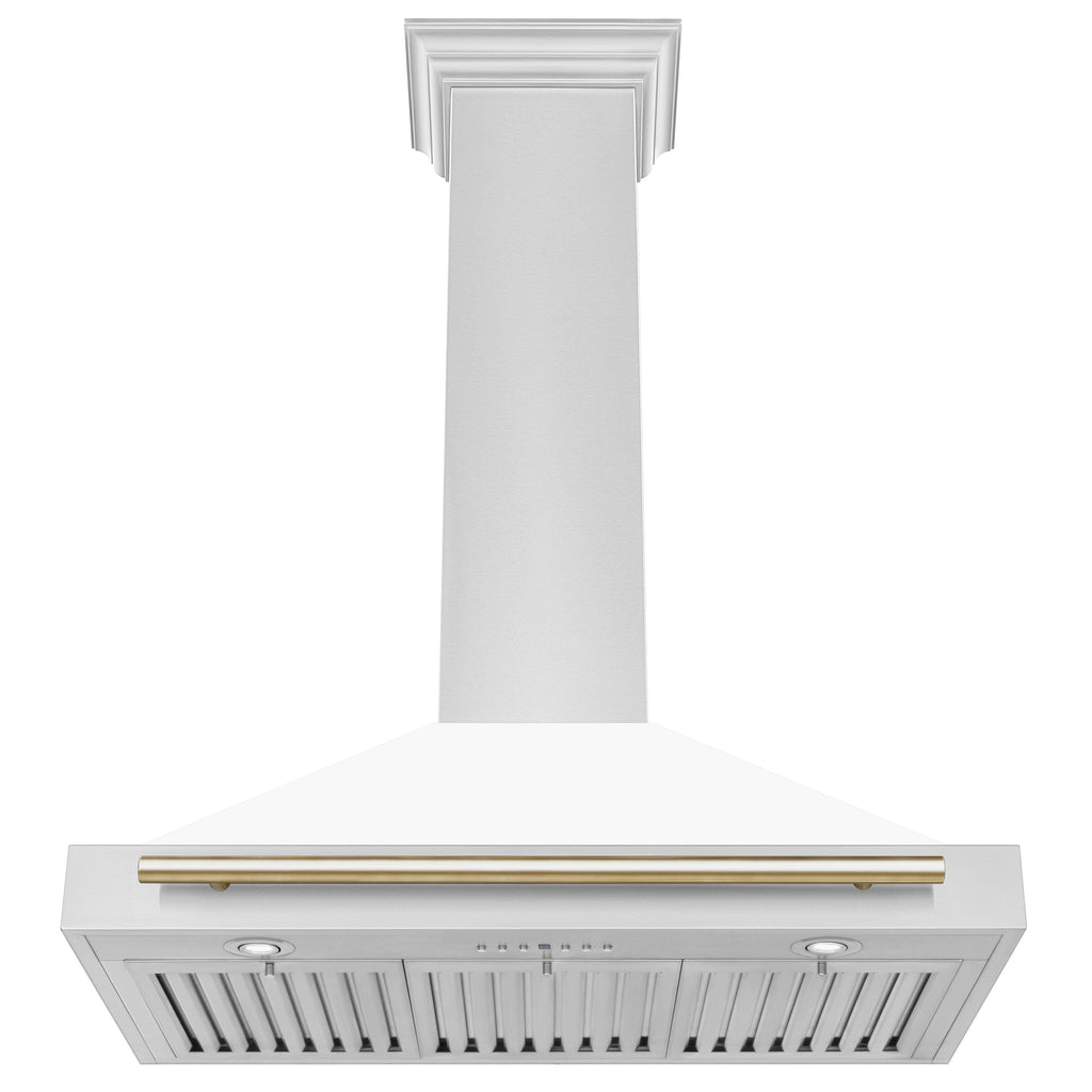 ZLINE 36 Inch Wall Mount Range Hood Stainless Steel Matte White Shell Gold Handle Autograph Edition (KB4STZ-WM36-G)