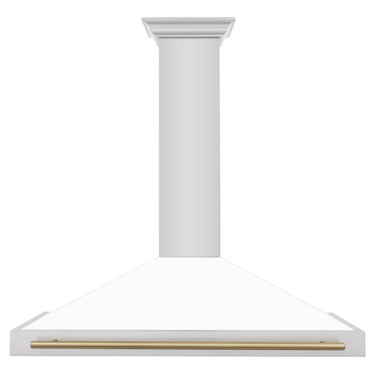 ZLINE 48 in. Wall Mount Range Hood Stainless Steel White Matte Shell Champagne Bronze Handle KB4STZ-WM48-CB