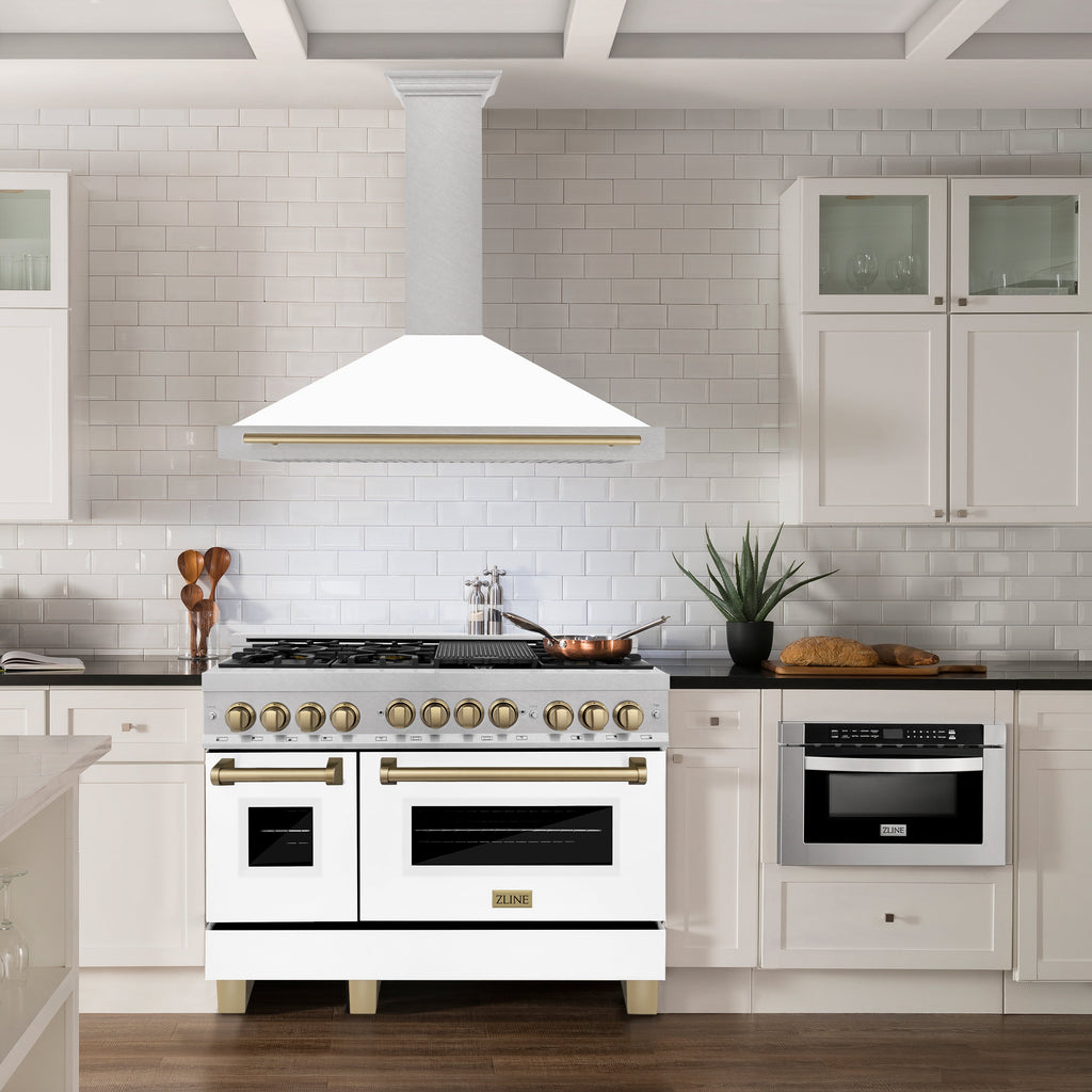 ZLINE 48 in Wall Mount Range Hood Convertible Satin Stainless Steel White Matte Shell Champagne Bronze Handle (KB4SNZ-WM48-CB)