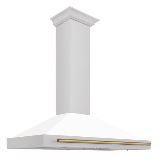 ZLINE 48 in Wall Mount Range Hood Convertible Satin Stainless Steel White Matte Shell Champagne Bronze Handle (KB4SNZ-WM48-CB)